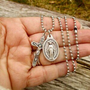 Mens Cross & Miraculous Necklace, 30" Stainless Steel Ball Chain Made in Italy!